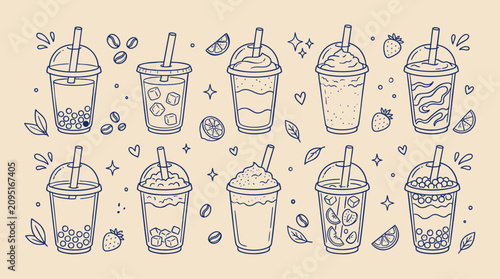 Hand Drawn Cold Drink Icon Set for Cafe Menu Vector