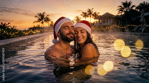 A romantic young couple cuddling blissfully in a swimming pool at sunset.