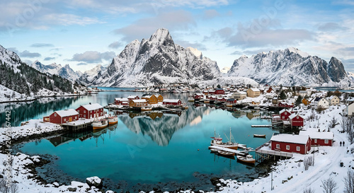 Winter fishing village nestled among snowy mountains and fjord waters