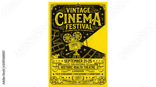 Fotografie Vintage cinema festival poster with retro projector and film reels