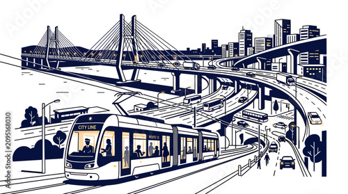 Cuadro en lienzo Urban public transit system and multi-level highway infrastructure