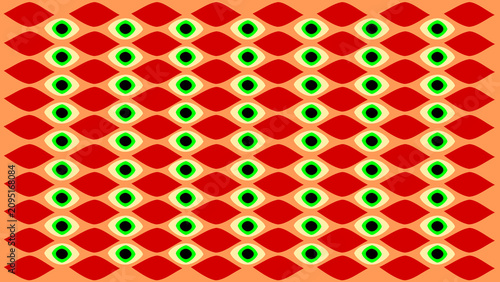 Abstract geometric pattern featuring stylized eye shapes arranged in a repeating diamond grid. Bold red, green, black, cream, and peach tones create a vibrant retro-inspired design