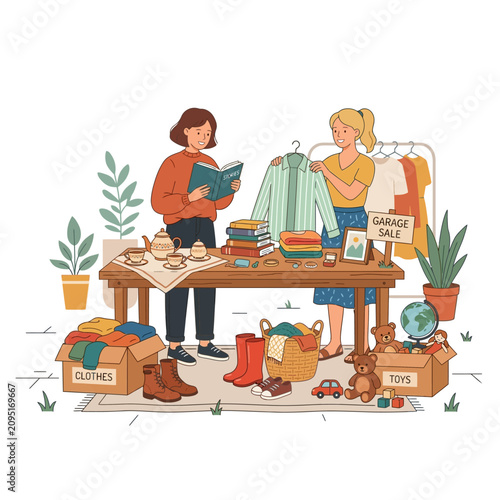 Two women organizing a garage sale with second hand clothes books and toys at home.