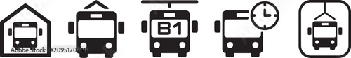 Fotografie Bus transportation vector icons collection representing garage parking public transit coach route identifier bus schedule timing and overhead cable trolley system for urban mobility