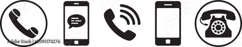 Fotografie Communication vector icons pack including telephone receiver speech bubble on smartphone incoming call signal mobile device outline and vintage rotary desk phone for contact service
