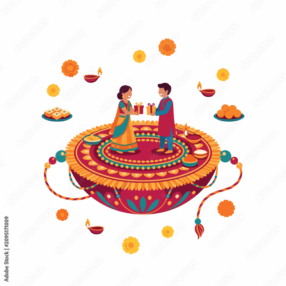 Fototapeta premium Premium surreal Raksha Bandhan vector illustration featuring festive thread decorations and cultural symbols with elegant copy space for celebratory greeting card design