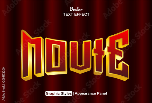 Editable text effect featuring stylized gold and red movie typography on curtains.