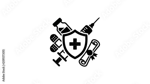 Quadro su tela Medical protection icon set featuring a shield with a cross and various healthcare supplies