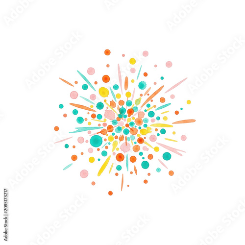Overhead flat lay of dynamic watercolor splatters (tangerine, yellow, teal, pink) radiating, resembling abstract confetti bursts, high contrast on transparent studio background. concept for festive