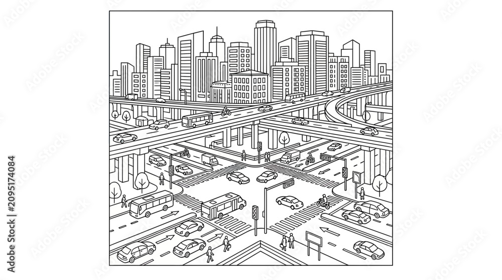 Obraz premium Urban landscape with complex highway overpasses and city traffic