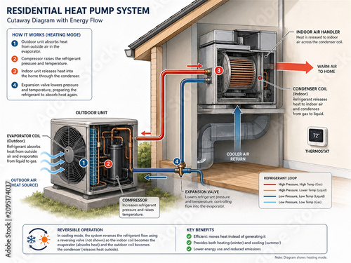 Residential heat pump system infographic showing outdoor condenser indoor air handler refrigerant lines airflow energy savings and installation components in a home for efficient climate control