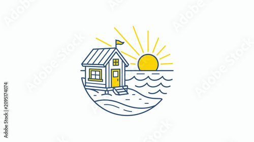 Fotografie Beach shack on the shore with rising sun minimalist line art