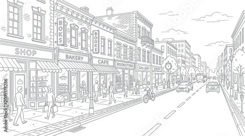 Fotografie Busy urban street with shops and pedestrians in line art