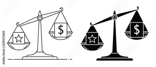 Photos Two balancing scales showing a star and a dollar sign representing value and cos