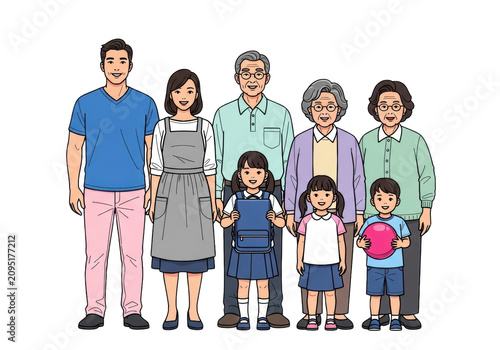 a happy multi-generational asian family (six people) vector illustration, thick black outlines, soft pastel colors, standing on a clean gray background with copy space. concept of family togetherness