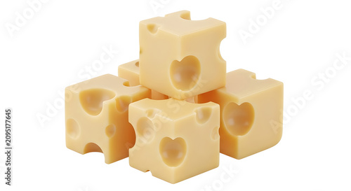 Swiss cheese cubes with holes isolated on white background, group of yellow emmental cheese blocks, gourmet dairy snack pieces for food packaging