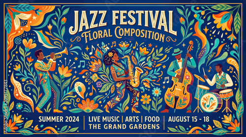 Photography Jazz festival poster with musicians and colorful floral motifs