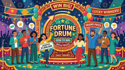 Fotografie Happy winners celebrating at a colorful fortune wheel game show