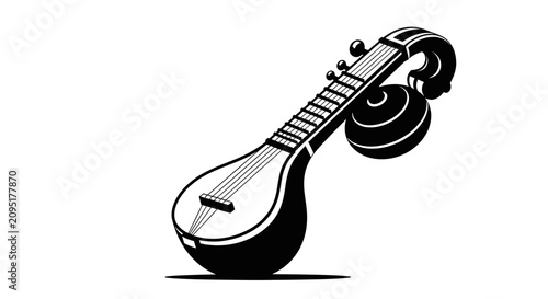 Foto Black and White Illustration of Traditional Indian Veena String Instrument