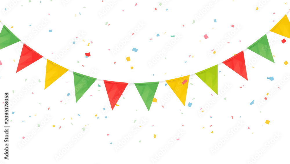 Obraz premium Colorful triangular bunting flags hanging on a string with falling confetti isolated on a deep black background isolated on a transparent background