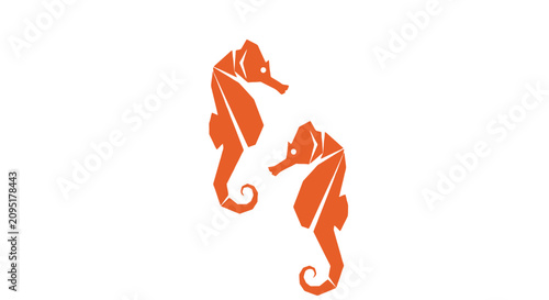 Two orange seahorses facing each other in symmetry.