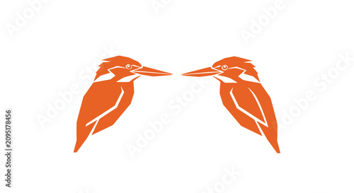 Two orange kingfisher birds facing each other in symmetry.