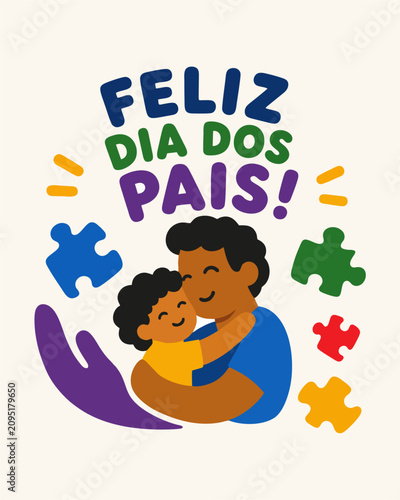 Ilustração Vetorial de Feliz Dia dos Pais com Pai e Filho e Símbolos do Autismo