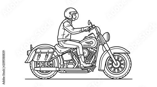 Cuadro en lienzo Man riding a classic cruiser motorcycle with gear and saddlebags