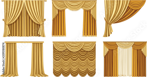 Εκτύπωση καμβά Luxury Gold Window Curtains and Elegant Stage Drapes Vector Collection with Swag