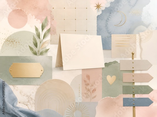 Pastel Abstract Stationery Mockup with Blank Cards and Calendar