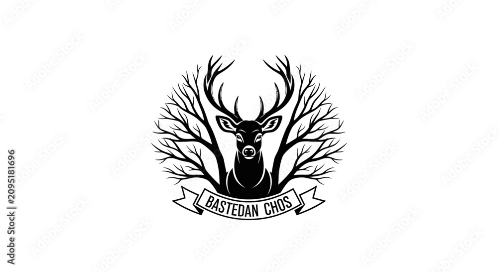 Obraz premium Black and White Deer Head Logo with Tree Branches and Ribbon Banner