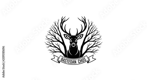 Black and White Deer Head Logo with Tree Branches and Ribbon Banner