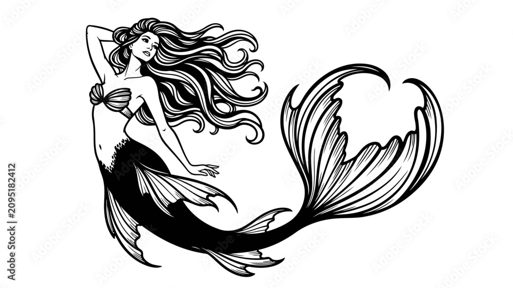 Fototapeta premium Beautiful Mermaid Vector Illustration Black and White Line Art