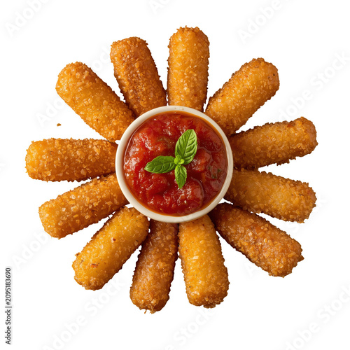 Crispy fried mozzarella cheese sticks arranged in a flower shape around a bowl of tomato marinara sauce dip isolated on a transparent background