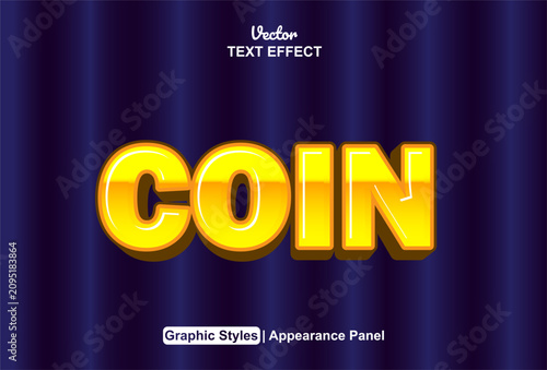 Editable text effect featuring a bright yellow glossy coin digital graphic design.