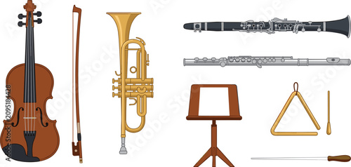 Tableau sur toile Classical Orchestral Musical Instrument Vector Set with Violin Bow Trumpet Clari