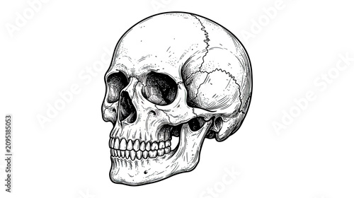 Fotografie Detailed Human Skull Illustration, Black and White, Isolated on White Background