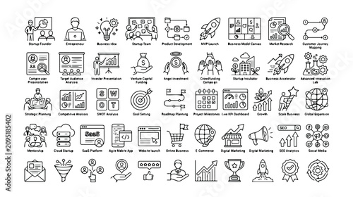 Set of 50 SEO and Digital Marketing Line Icons Vector isolated PNG with Transparent Background