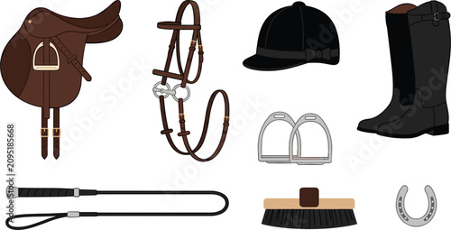 Obraz na płótnie English Horse Riding Equestrian Gear Vector Set with Leather Saddle Bridle Helme