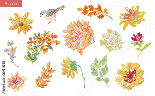 Hand-painted doodle style autumn botanical vector clipart set featuring dahlias, autumn leaves, berries, and birds for stationery, greeting cards, and surface design.