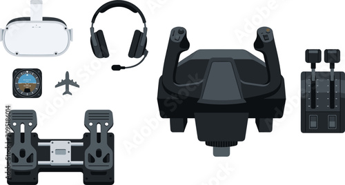 Obraz na płótnie Flight Simulator Gaming Gear Icon Set Featuring Yoke Steering Rudder Pedals Thro
