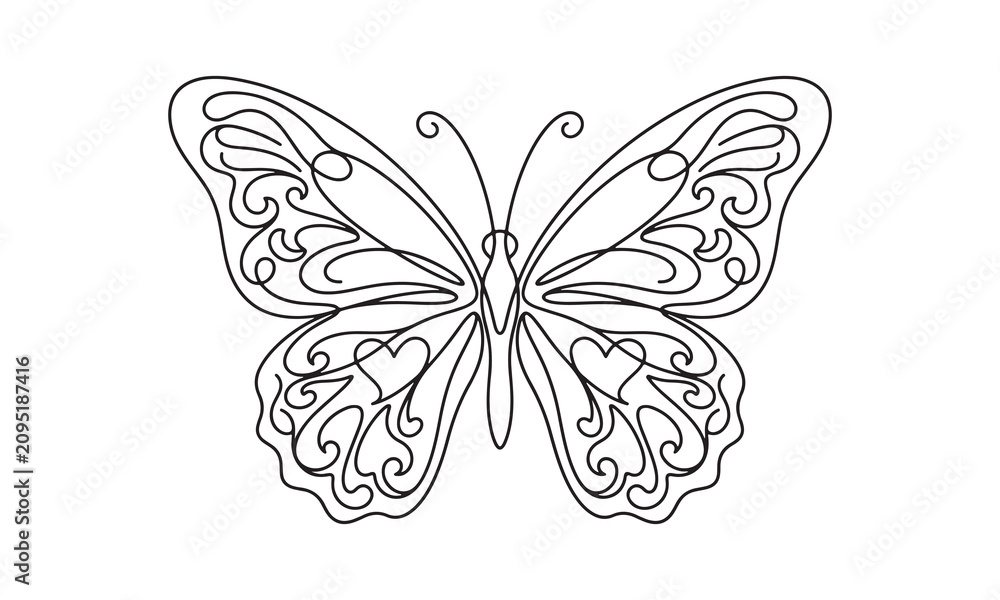 Fototapeta premium A beautiful hand drawn butterfly illustration with intricate floral patterns and heart shapes inside the wings perfect for coloring book pages
