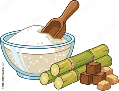 Quadro su tela Flat vector illustration of sugarcane stalks, brown sugar cubes, and a glass bowl filled with granulated sugar, representing natural sweetener production, agriculture, and food ingredients