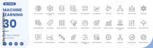 Photos machine learning icon line style AI dataset algorithm model editable stroke vect