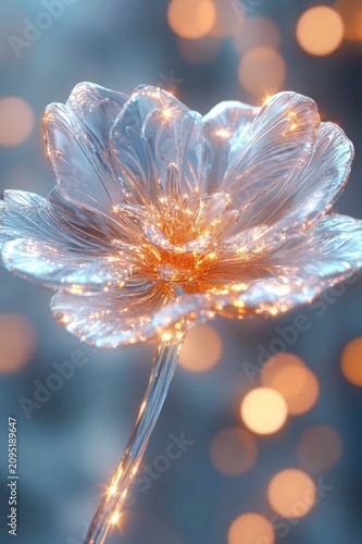 translucent glass flower threaded with warm fairy lights glowing against a soft bokeh background, ethereal and delicate