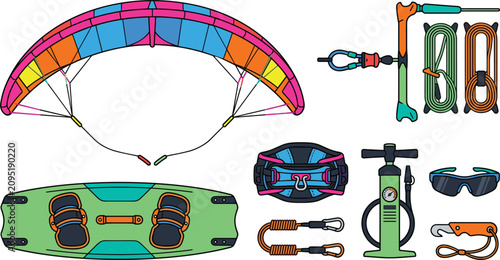 Schilderij op canvas Kitesurfing and Kiteboarding Extreme Water Sport Equipment Set with Inflatable K