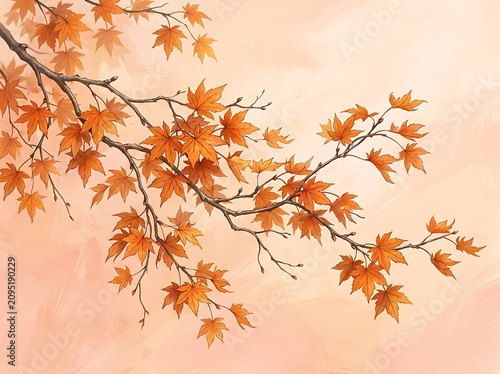 Autumn leaves on tree branch against soft peach colored sky