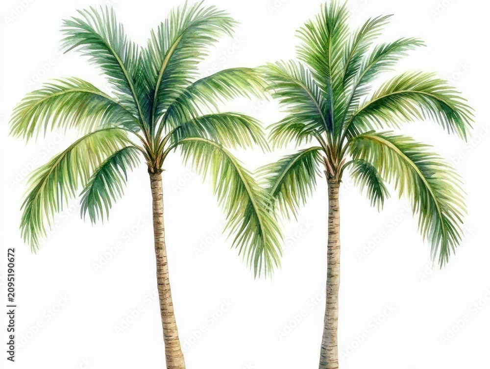 Fototapeta premium Two slender tropical palm trees with lush green arching fronds on a clean white background, evoking a calm summery mood