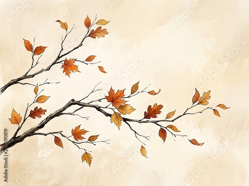 A branch adorned with vibrant orange and yellow leaves on a beige colored textured surface