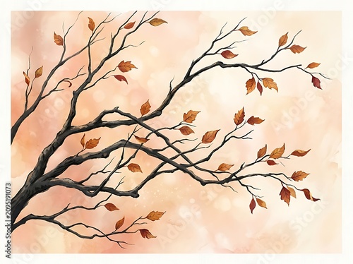 Brown tree branches with orange leaves on a pastel peach colored bokeh light effect background